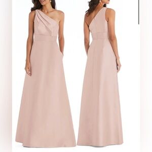 Alfred Sung Draped One-Shoulder Satin Maxi Dress with Pockets Toasted Sugar